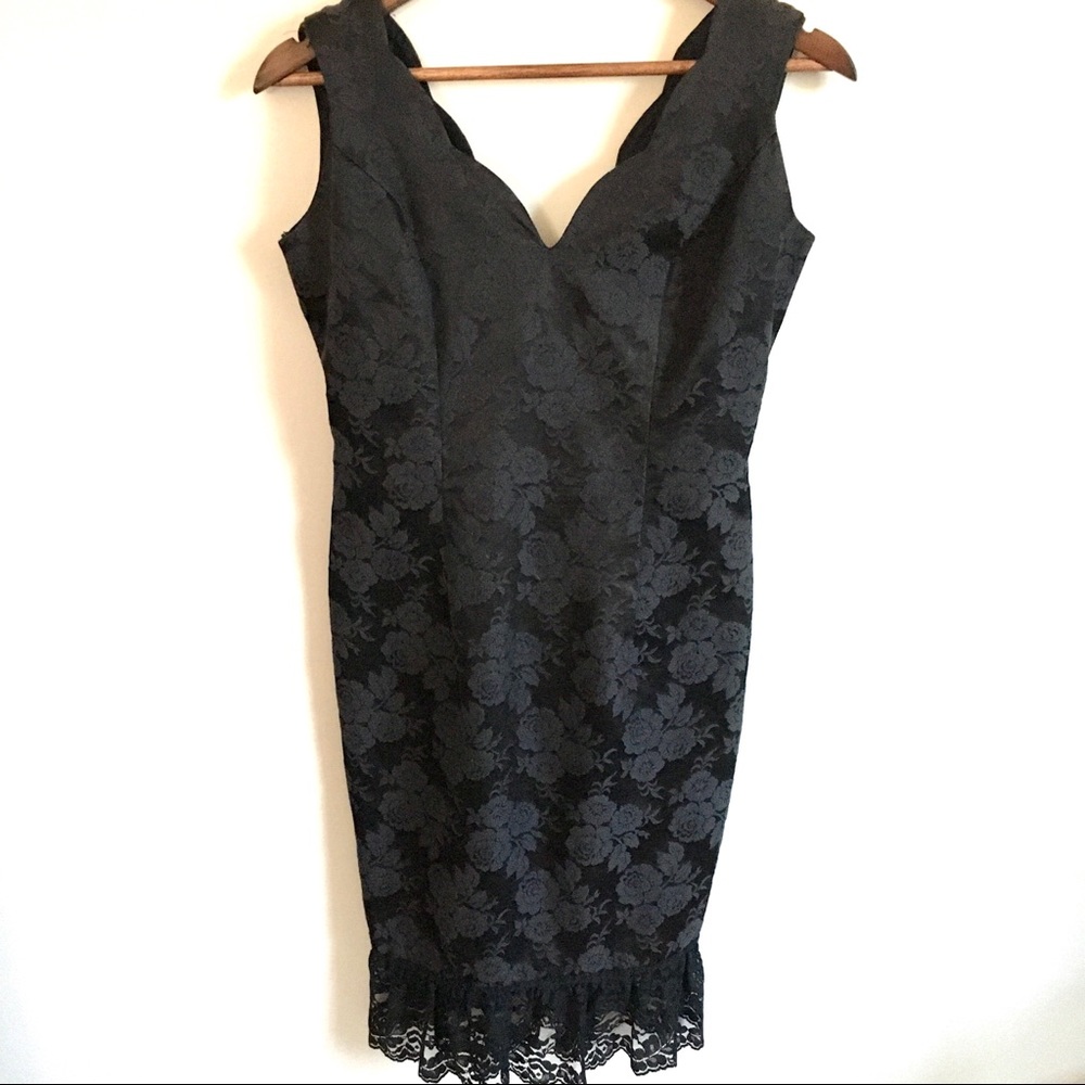 Vintage Black Jacquard Sheath Dress, Lace Hem
